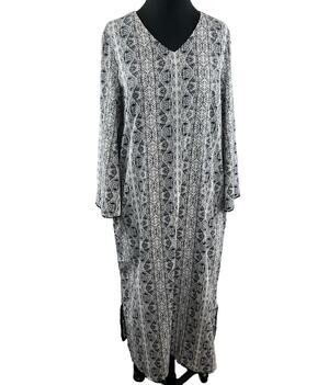 Coolibar Tanjier UPF 50+ Kaftan White Black Print Long Sleeve V-Neck Size Small